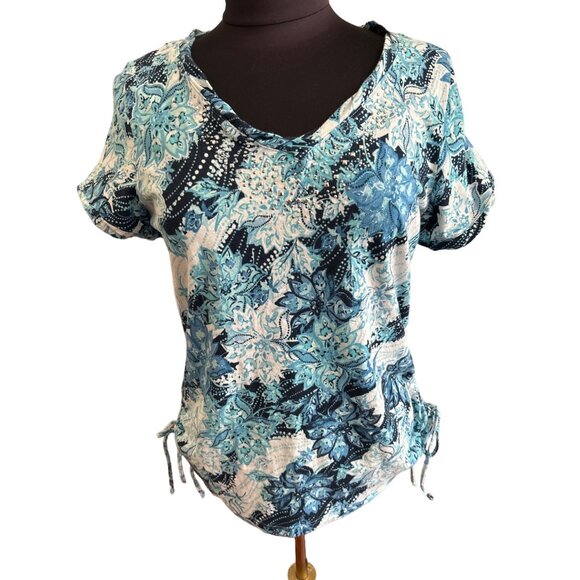 Gloria Vanderbilt  V-Neck Blue & White Floral Print Top Side Drawstrings Small - Picture 1 of 9